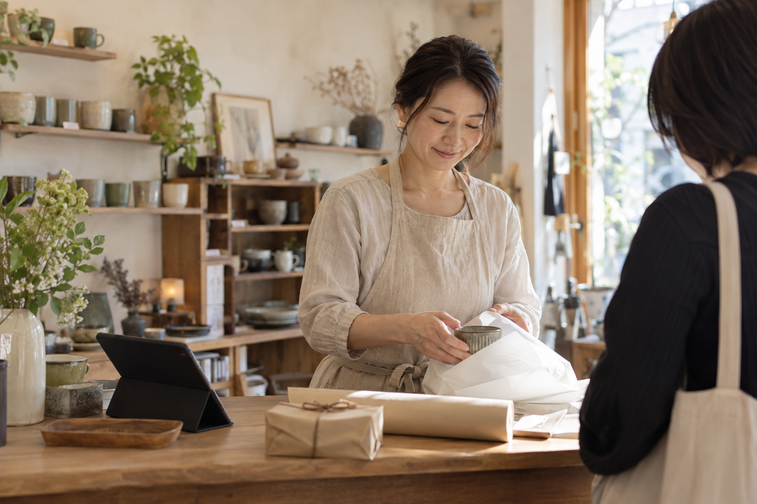 お客様への接客に集中する店舗スタッフのイメージ（AI生成）