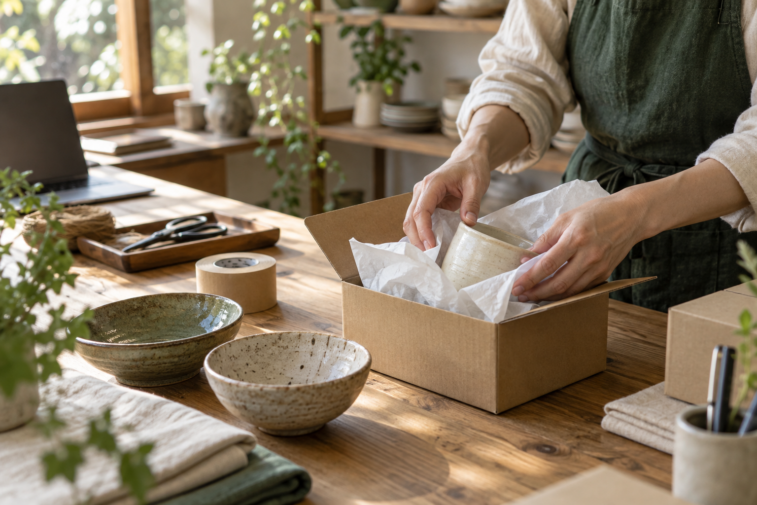 陶器の商品を丁寧に梱包する小さなお店のイメージ（AI生成）